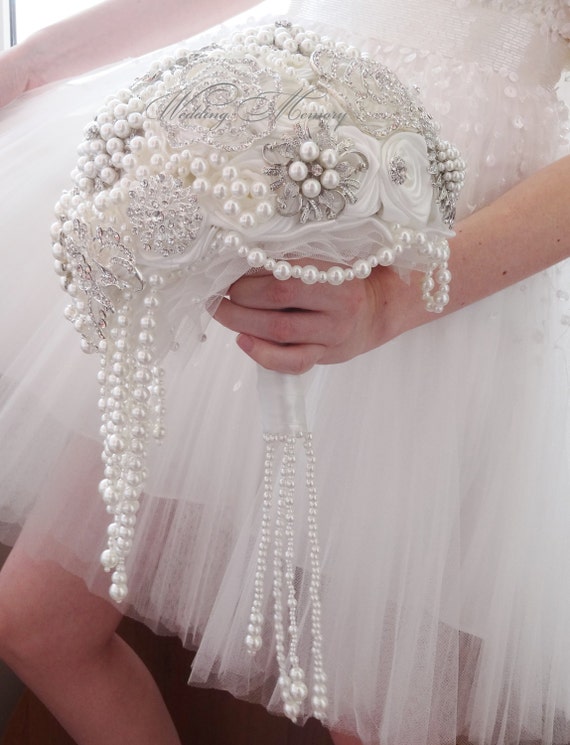 Wedding Cascading Jeweled Brooch Bouquet White By Memorywedding