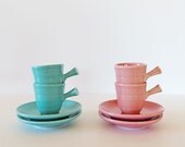 Vintage Fiestaware Set - Fiesta Espresso Cups Saucers - Vintage Collectable Pottery - Homer Laughlin Fiestaware - Turquoise Pink Set - MCM Vintage Fiestaware Set - Fiesta Espresso Cups Saucers - Vintage Collectable Pottery - Homer Laughlin Fiestaware - Turquoise Pink Set - MCM