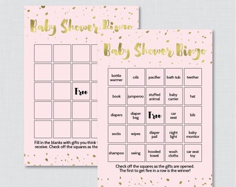 Pink and Gold Baby Shower Bingo Cards - Printable Blank Bingo Cards AND PreFilled Bingo Cards - Pink Faux Gold Foil Baby Bingo - 0022-P