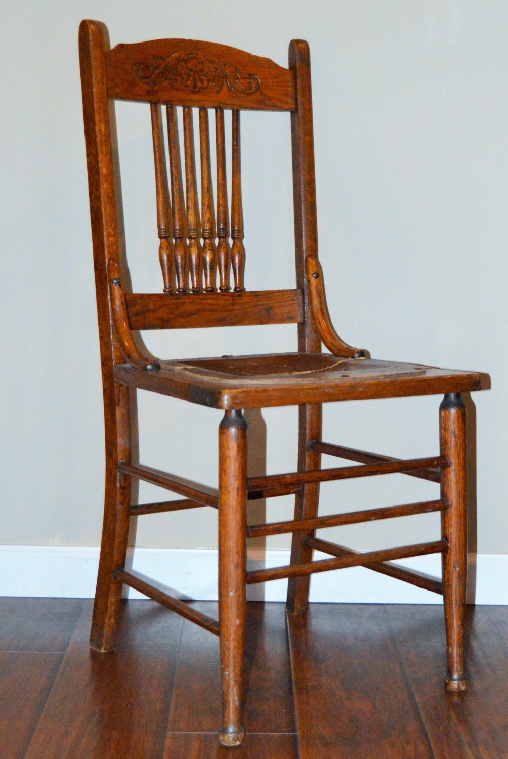 Antique Spindle Back Chair With Leather Seat Oak Rustic Wood Early ...