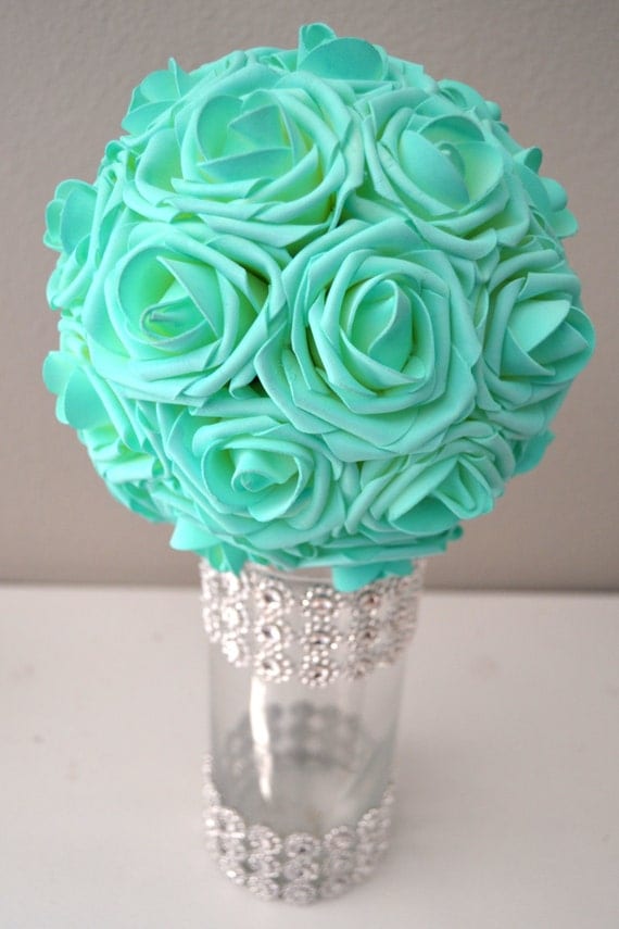 MINT, robins egg, Light Turquoise Real Touch Roses flower ball, kissing