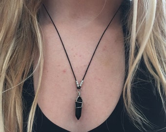 Black Crystal Pendant Necklace Black Agate Crystal Quartz Stone Pendant Necklace