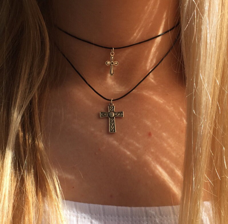 Double choker necklace silver cross charms 90s Layered choker