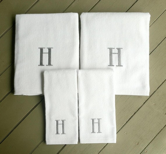 Set of 4 Monogrammed with Initial Bath towels by BlueSandTextiles