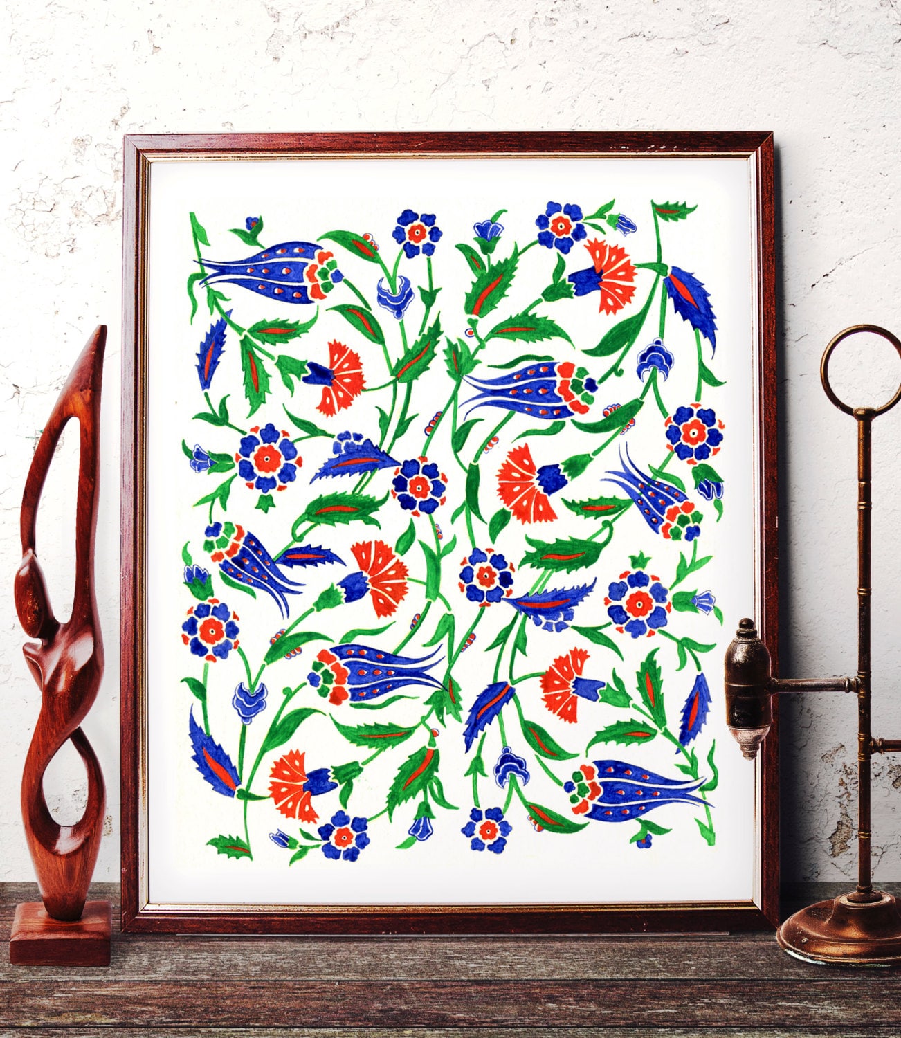 Traditional Ottoman Motif Watercolor Wall Art Blue Tulip and