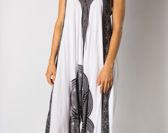 Wide Leg Womens Gypsy Long Jumpsuit Dress in Black and White Mandala, Women's Jumpsuit, Summer Resort Beach Swimsuit Coverup, Fits Size S/M