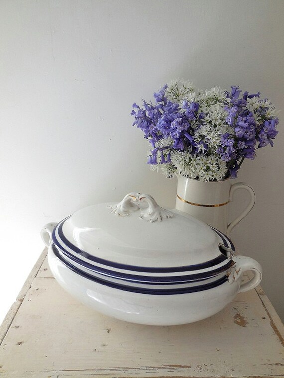 Large antique tureen vintage tureen soup tureen blue and