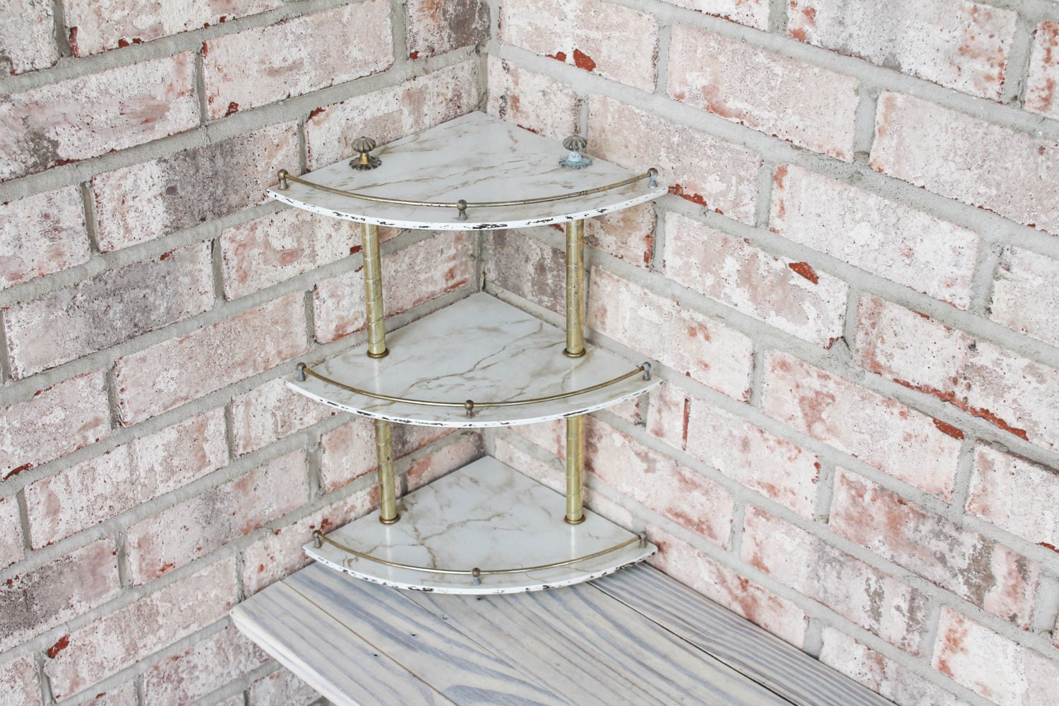 Vintage corner shelf white and gold wood metal marbled paint vintage ...