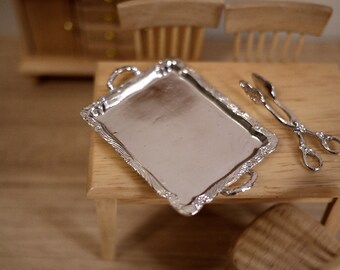 Dollhouse hollow ware tray scissor dolls house 2-piece holloware cake scissor tray cups 1 12th scale miniature