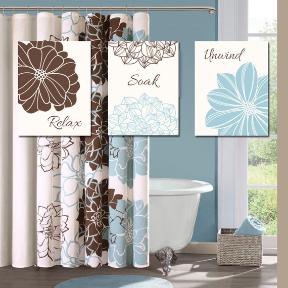 BATHROOM DECOR Wall Art CANVAS or Prints Blue Brown by TRMdesign
