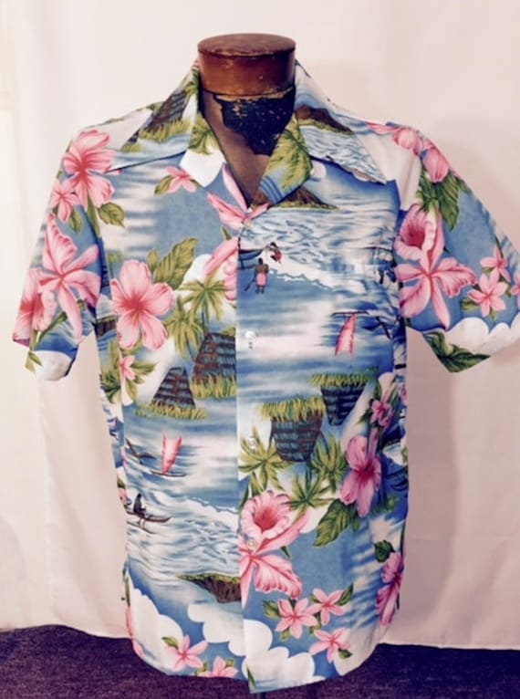 Vintage Shirt Mens Hawaiian Shirt w Pocket Giant Pink Hibiscus