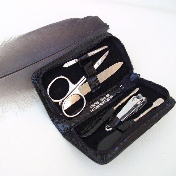 Vintage Leather Vanity Kit Travel Manicure Set Black Leather Case Nail