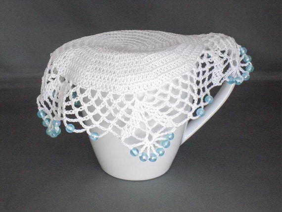 White Crochet Beaded Jug Cover with Pale Blue by ...