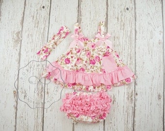 floral swing top set, baby girl outfit, toddler girl outfits, summer clothes, shabby chic birthday outfit,baby dress, Diaper cover set