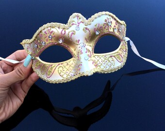 Gold Masquerade Mask, Bridal Masquerade Mask with Venetian Floral Designs w/ Lovely Macramé Lace Bordering - Gold