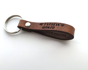 Custom Leather Keychain, Personalized Leather Key Ring, Engraved Monogram Custom Keychain, GPS Latitude Longitude Coordinate Keychain