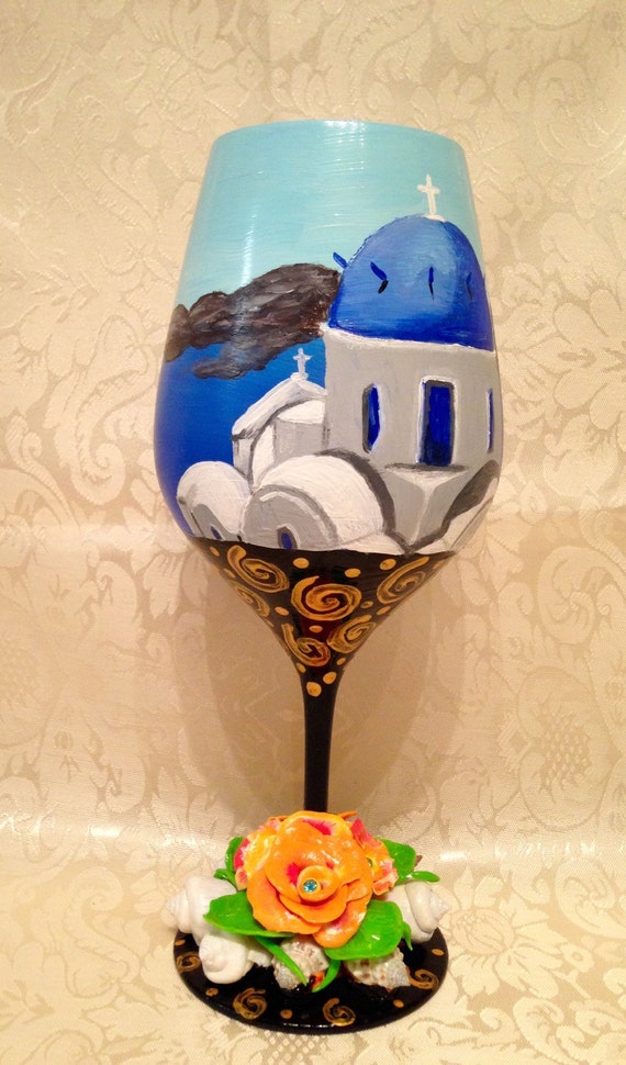 Greek church and beach crystal wine glass with by Megthemama