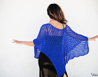 Loose Knit Poncho, Boho Poncho, Summer poncho, Women poncho, Hand knitted poncho, Cobalt blue poncho, Ultramarine poncho, Spring Poncho,