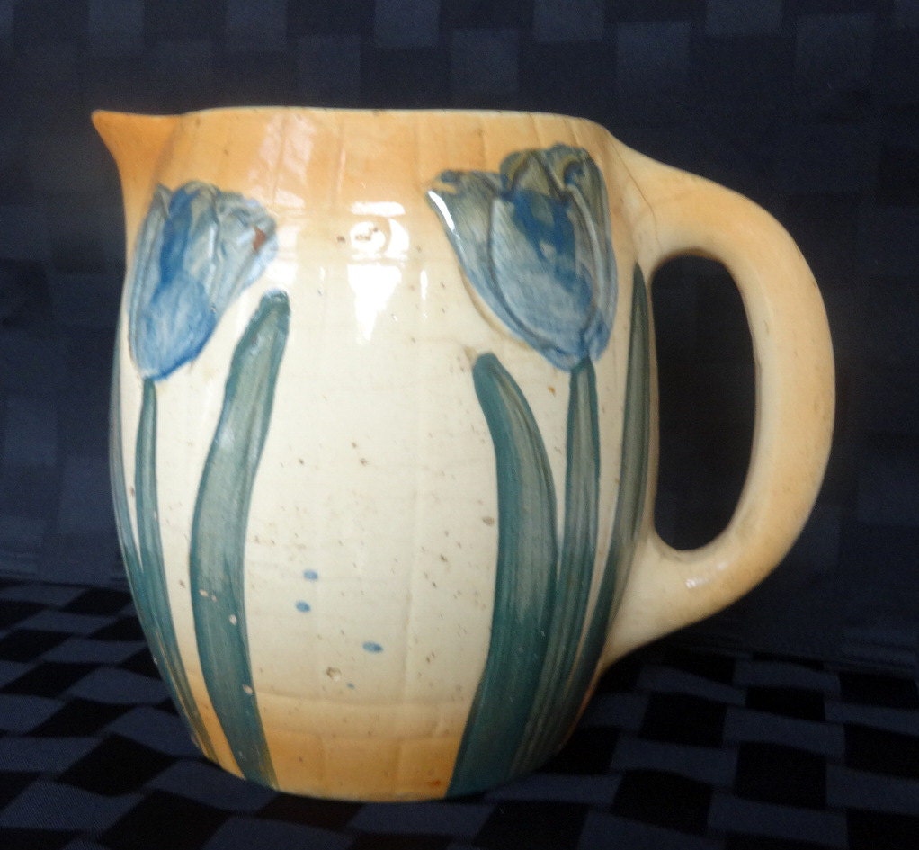 Unmarked Roseville Pitcher Blue Tulips