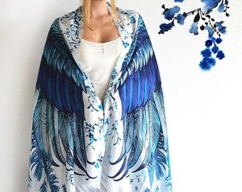 Birthday Gift for Women, Blue Wings Scarf, Festival Clothing, Beach Sarong, Boho Shawl, Bohemian Wing Shawl, Printed Shawl, Beach Wrap Scarf