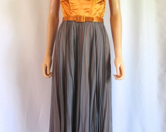 Couture 1950s Strapless Pumpkin Satin Dress w Grey Chiffon Overlay 25"W
