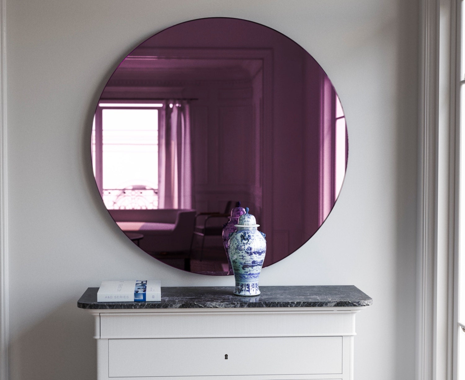 Art Deco Wall Mirror. Round pink glass mirror. Art Deco