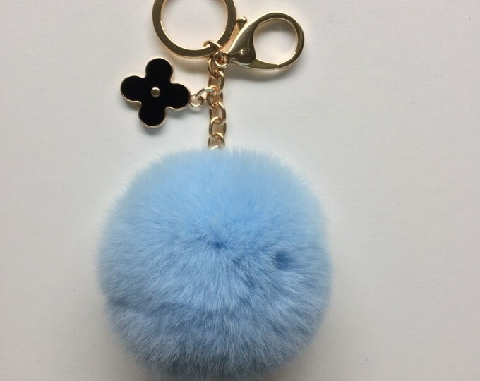 Baby blue fur pom pom keychain REX Rabbit fur pom pom ball with flower bag charm