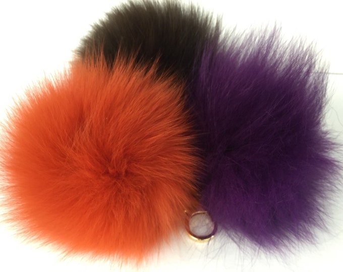 Trio orange-purple-brown Fox fur pom pom corsage Bag Charm Totem pendant