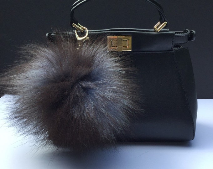 Punk Large size Pompon bag charm pendant fox Fur Pom Pom keychain very unique blue-black-brown