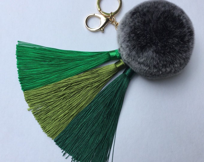 Green Gradient Tassel Handbag Charm Fur Pom Pom ball keychain