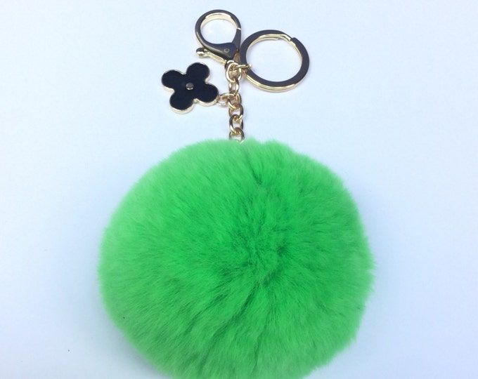 Neon summer green fur pom pom keyring bagcharm keychain fur ball with clover flower charm