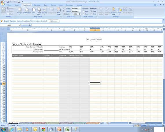 Teacher Averages-Based GradeBook Excel Spreadsheet Template