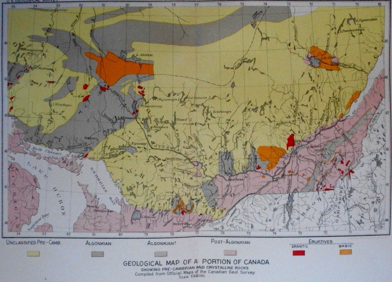 1892 Ontario and Quebec Geological Map. Pre-Cambrian