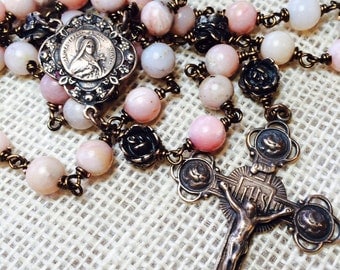 St. Therese of Lisieux Rose Rosary, Wire wrapped, Bronze, Heirloom, Peruvian Pink Opal 8mm, Catholic Jewelry, Christian Jewelry