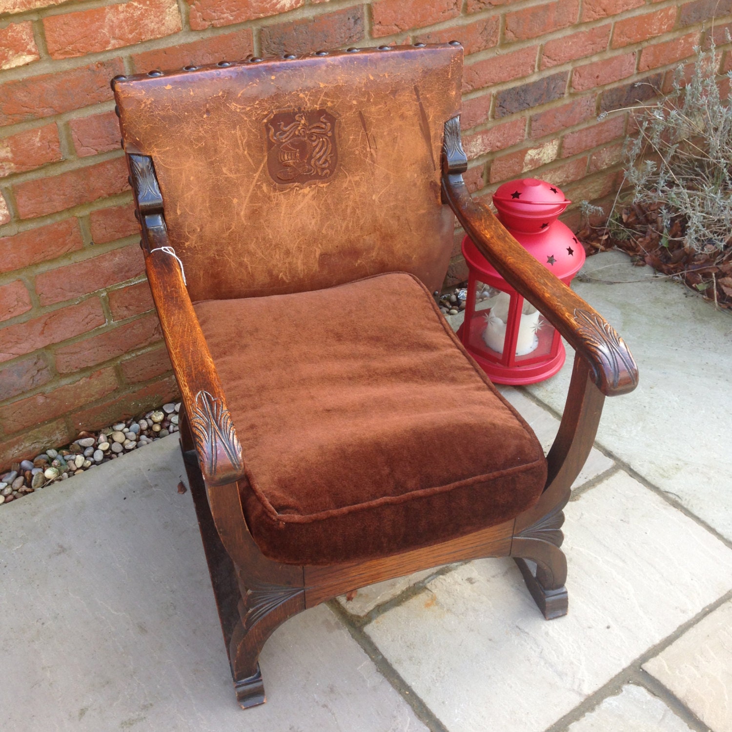 Embossed Antique / Vintage Brown Leather Armchair, 1930’s Haute Juice