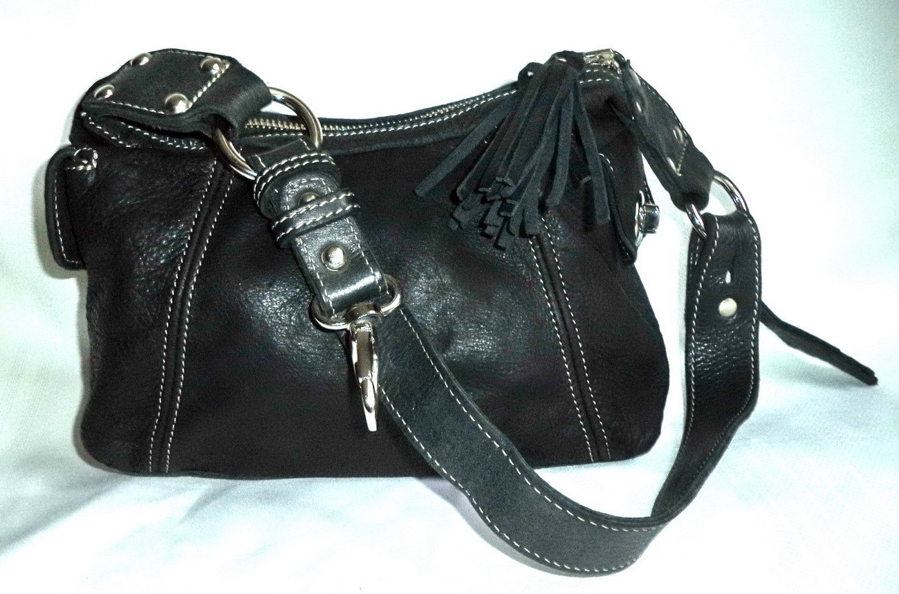 ROOTS Black Hobo Leather Tassel Bag vintage 80s Fringe Tote