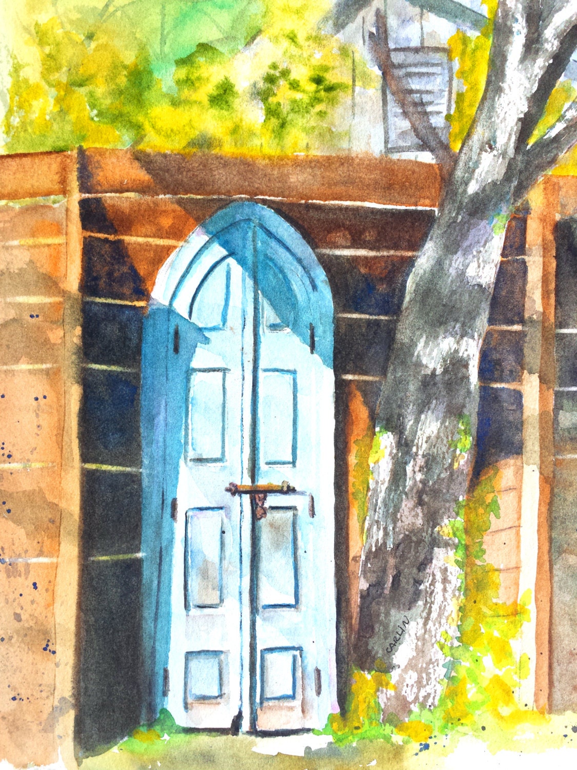 Watercolor Door Painting Old Blue door by CarlinArtWatercolor