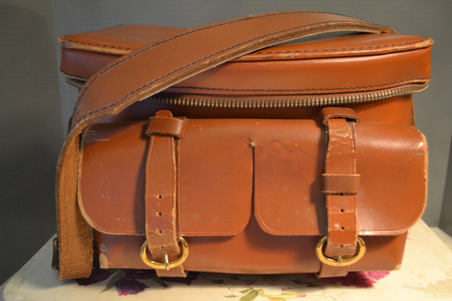 pink leather camera bag