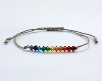 Rainbow bracelet, Silk bracelet, Adjustable bracelet, Friendship bracelet, Swarovski crystals, Sterling silver beads, Boho, Macramé knot