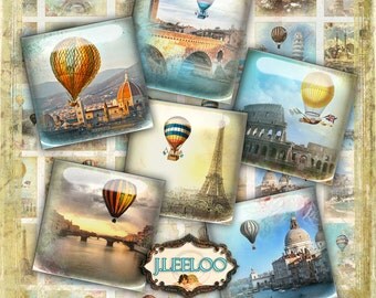 Digital printable ROMANTIC SKY 1x1 inch square sheet digital images - hot air balloon paper goods pendant craft - instant download - qu430