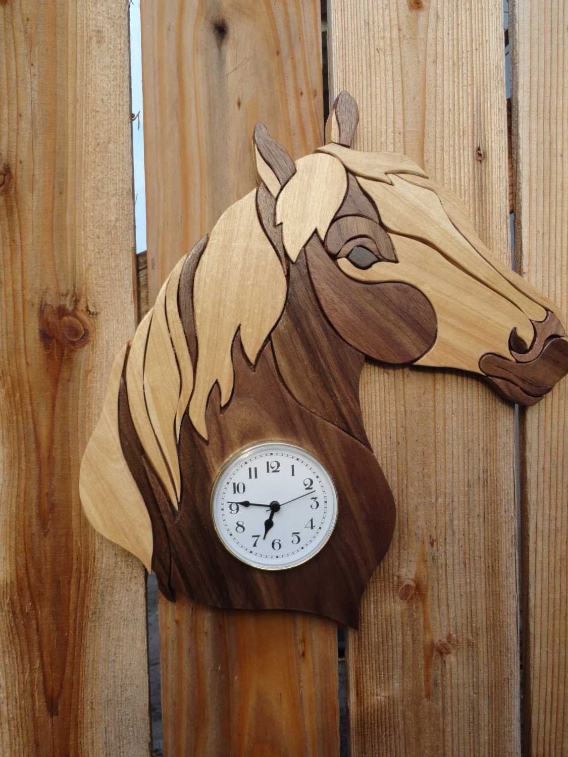 Horse Head Wall Clock Walnut and Birch Wood by TealRibbonsCrafts
