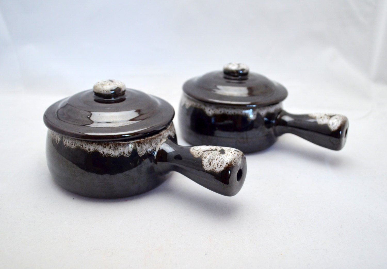 Vintage Ceramic Soup Bowls with Handles Dark Brown with White