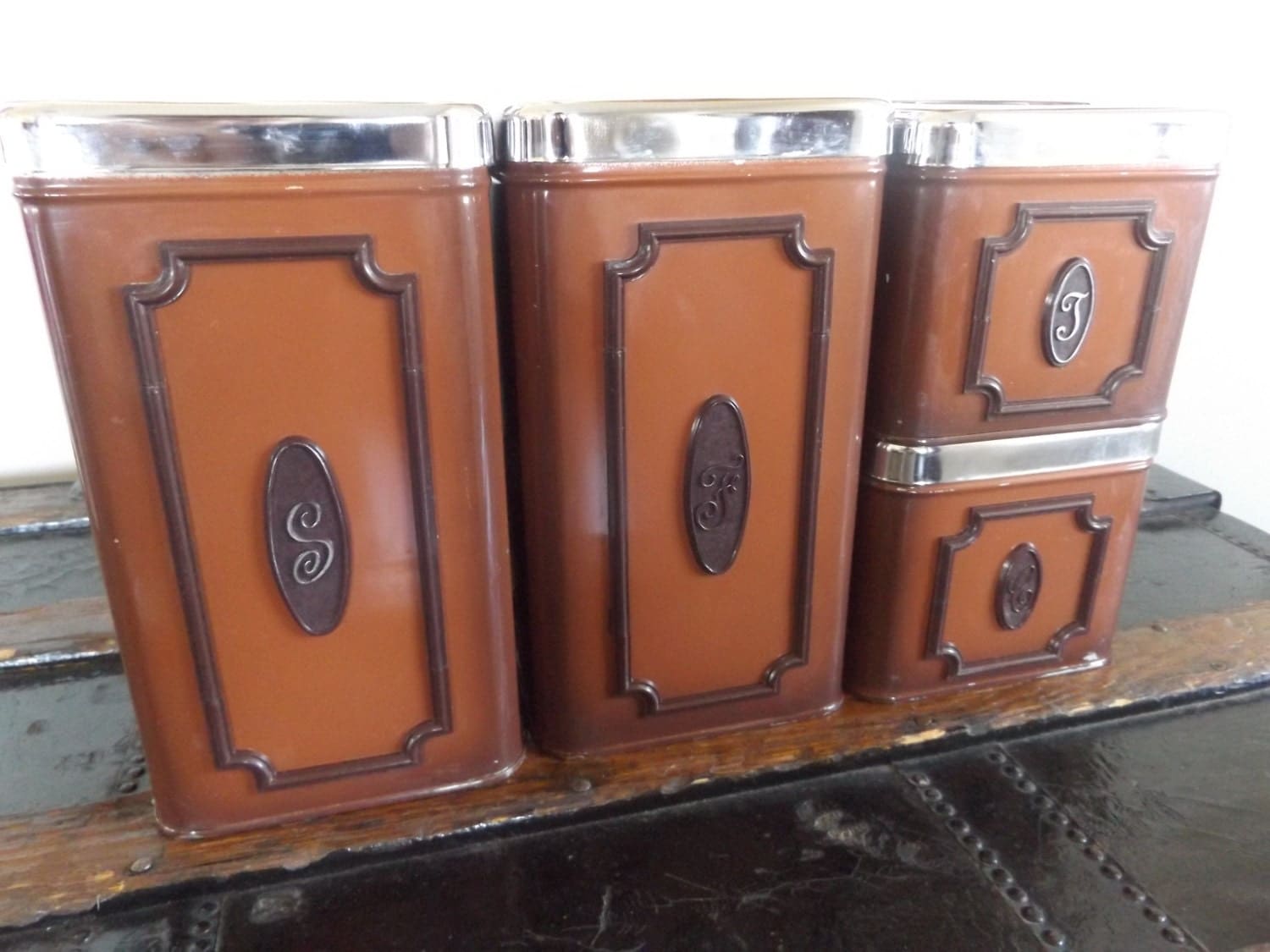 Mid Century Set of 4 Brown Tin Canisters with Lids Made in Canada