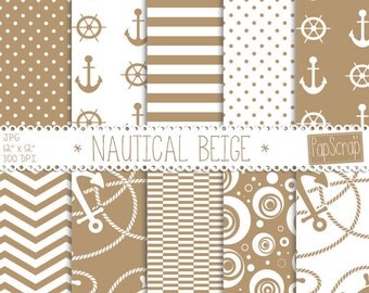 Nautical digital paper : "Nautical Beige" beige, brown digital paper with nautical patterns, chevron, anchor, boats and waves