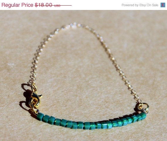 Summer SALE Green Beaded Bracelet, Thin Gold Bracelet, Green Square ...