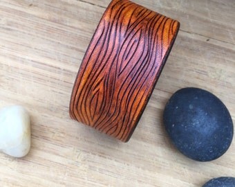 Hand Tooled Leather Cuff Bracelet, Wood Grain