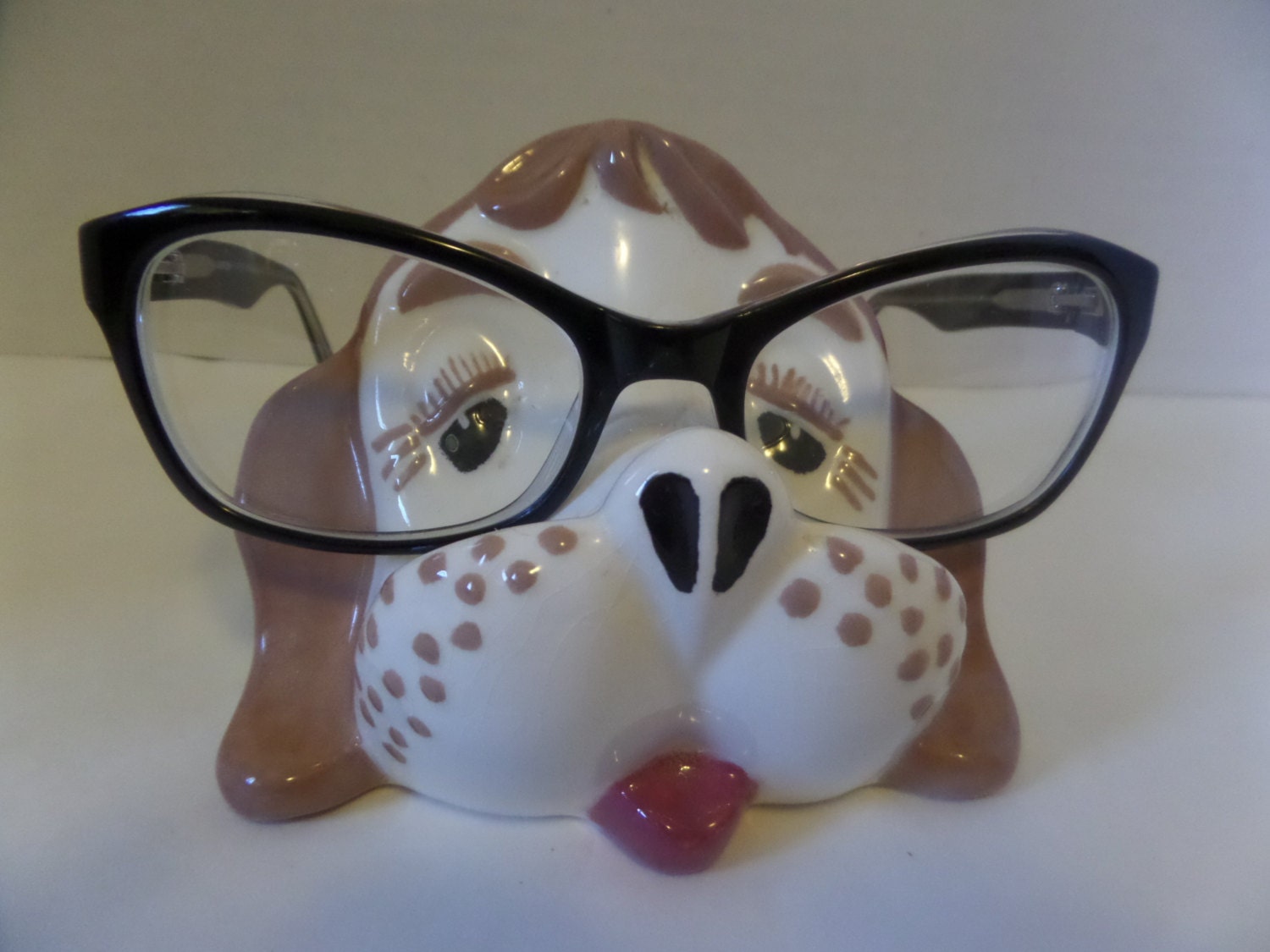 Vintage Ceramic dog head glasses holder light brown fur