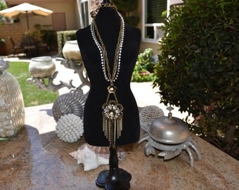 Antique Gold Vintage Rhinestone Rose Necklace