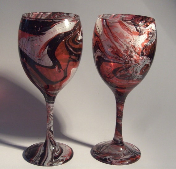 Marble Painted Wine Glasses Hand Dipped Pair By Ieglassworks