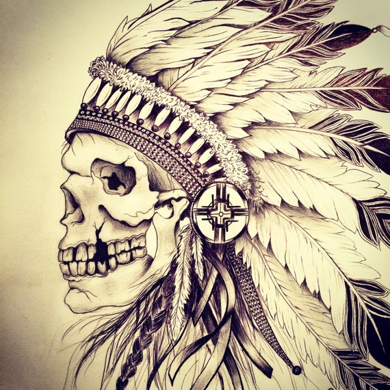 Hand Drawn Zentangle Native American Skull Print